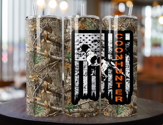 American Flag, Coon Dog, Coon Hunter, Camo 20oz Skinny Tumbler