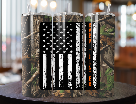 Camo Rabbit Hunter 20oz Skinny Tumbler, Flag Tumbler, Hunting Tumbler