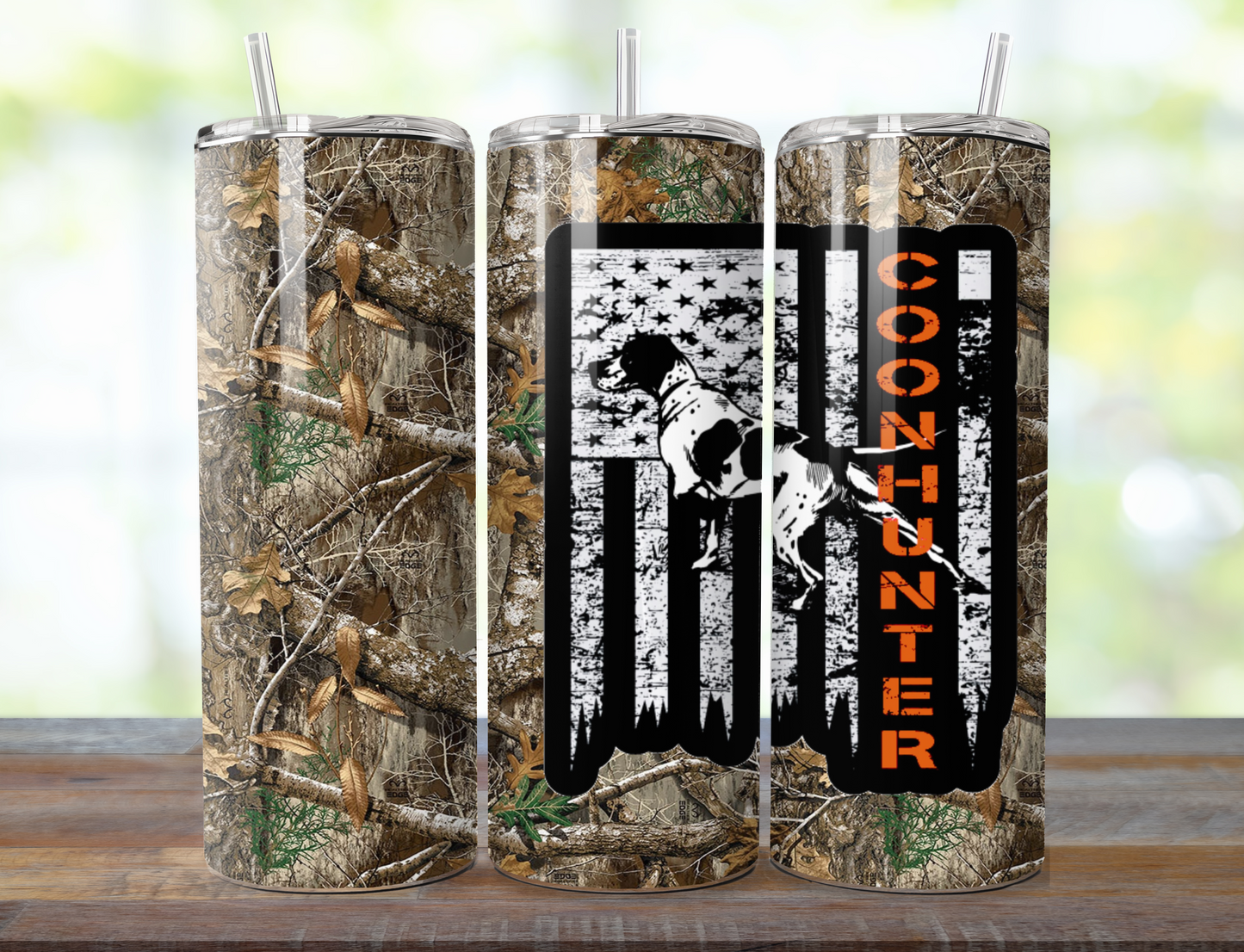 American Flag, Coon Dog, Coon Hunter, Camo 20oz Skinny Tumbler