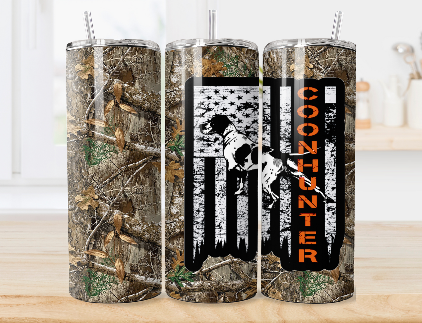 American Flag, Coon Dog, Coon Hunter, Camo 20oz Skinny Tumbler