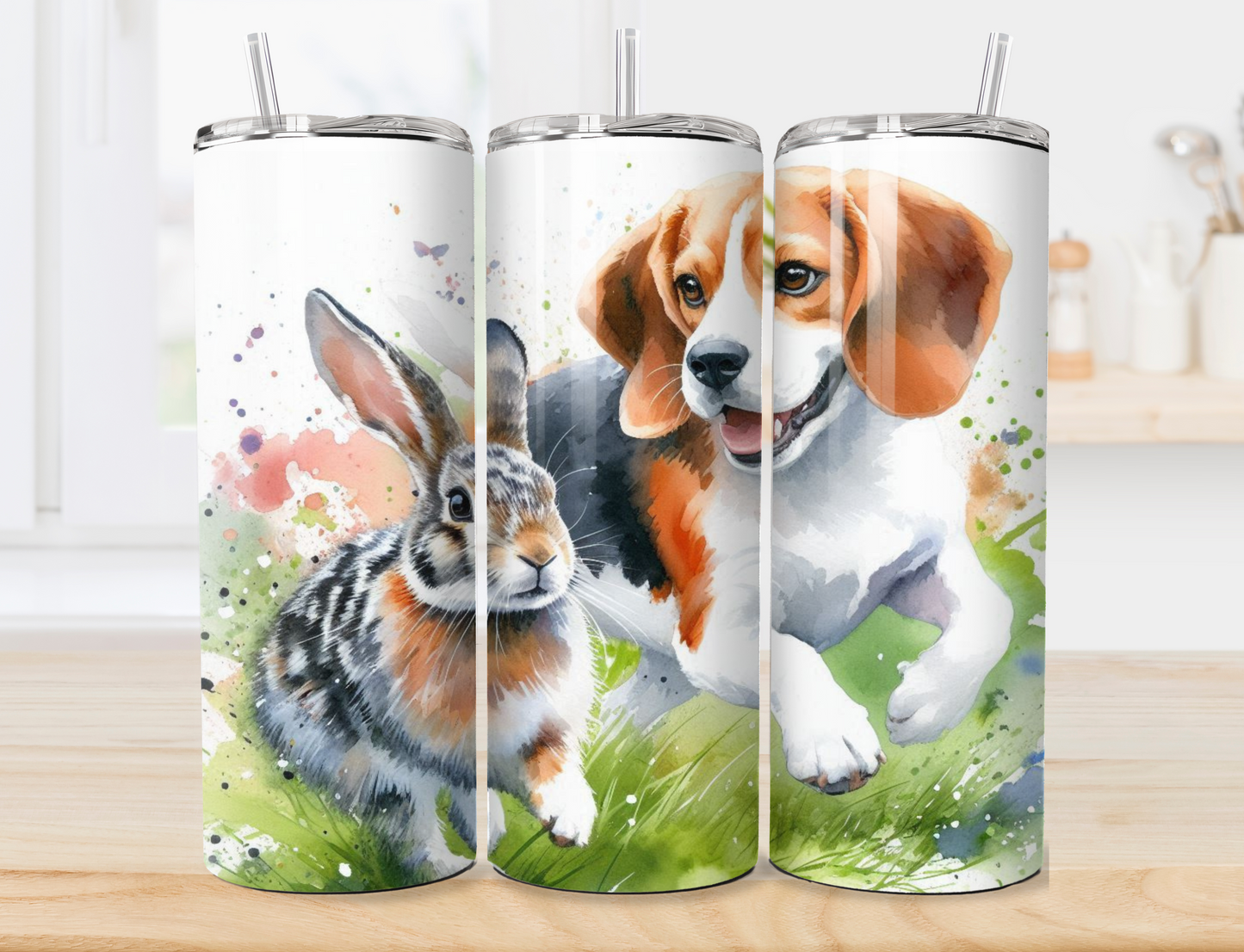 Beagle Tumbler, Rabbit Tumbler, Beagle Chasing Rabbit 20oz Skinny Tumbler
