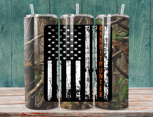 Camo Rabbit Hunter 20oz Skinny Tumbler, Flag Tumbler, Hunting Tumbler