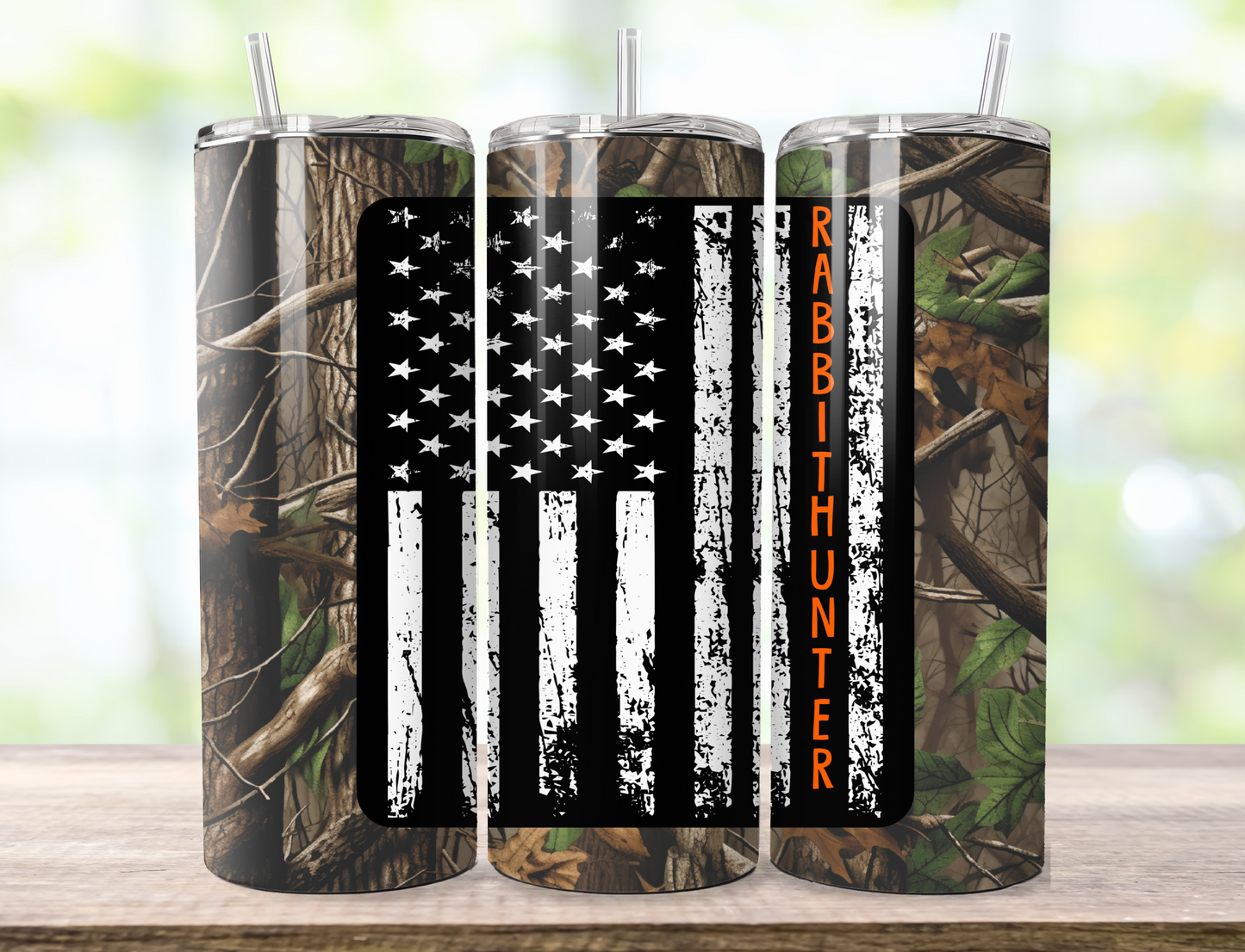 Camo Rabbit Hunter 20oz Skinny Tumbler, Flag Tumbler, Hunting Tumbler